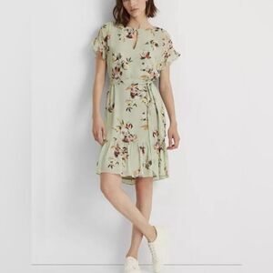 NWT Lauren Ralph Green Floral Crinkled Georgette A Line Dress Sz 6 No Belt